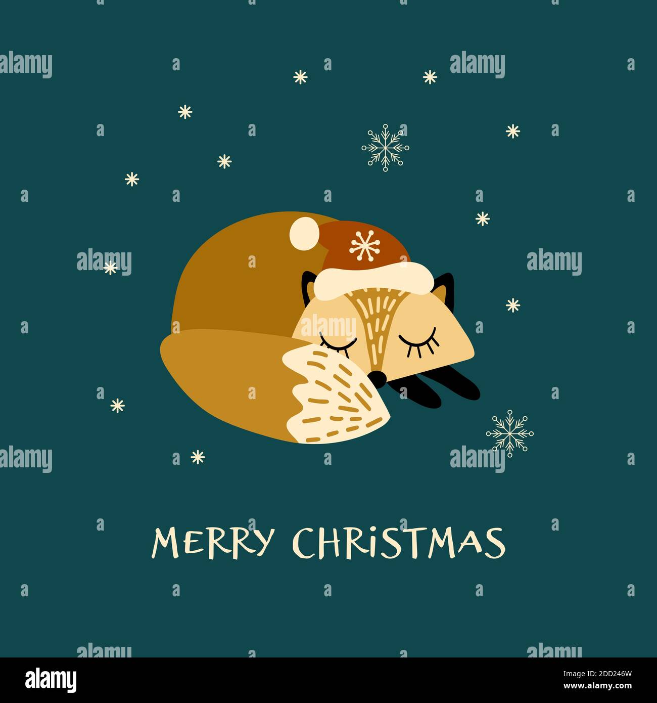 Carte de Noël avec joli renard endormi en chapeau. Illustration vectorielle. Illustration de Vecteur