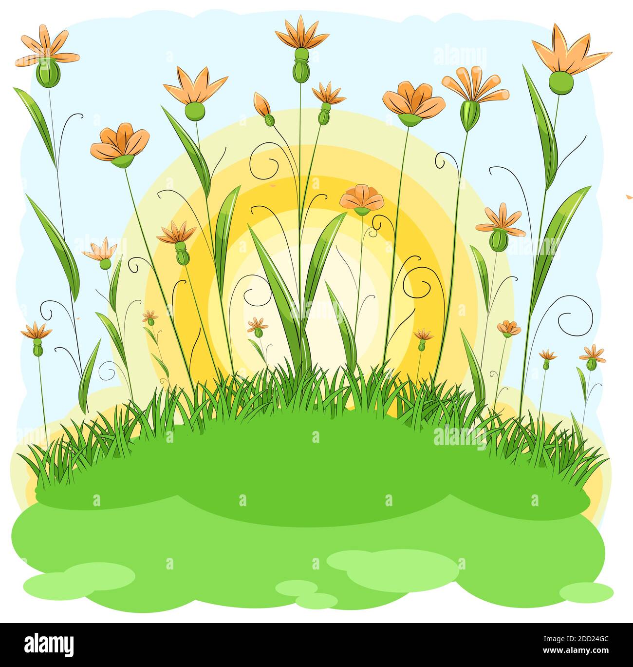 Prairie en fleurs avec herbe et fleurs. Ciel. Style de dessin animé. Isolé sur fond blanc. Une superbe illustration romantique. Vecteur Illustration de Vecteur