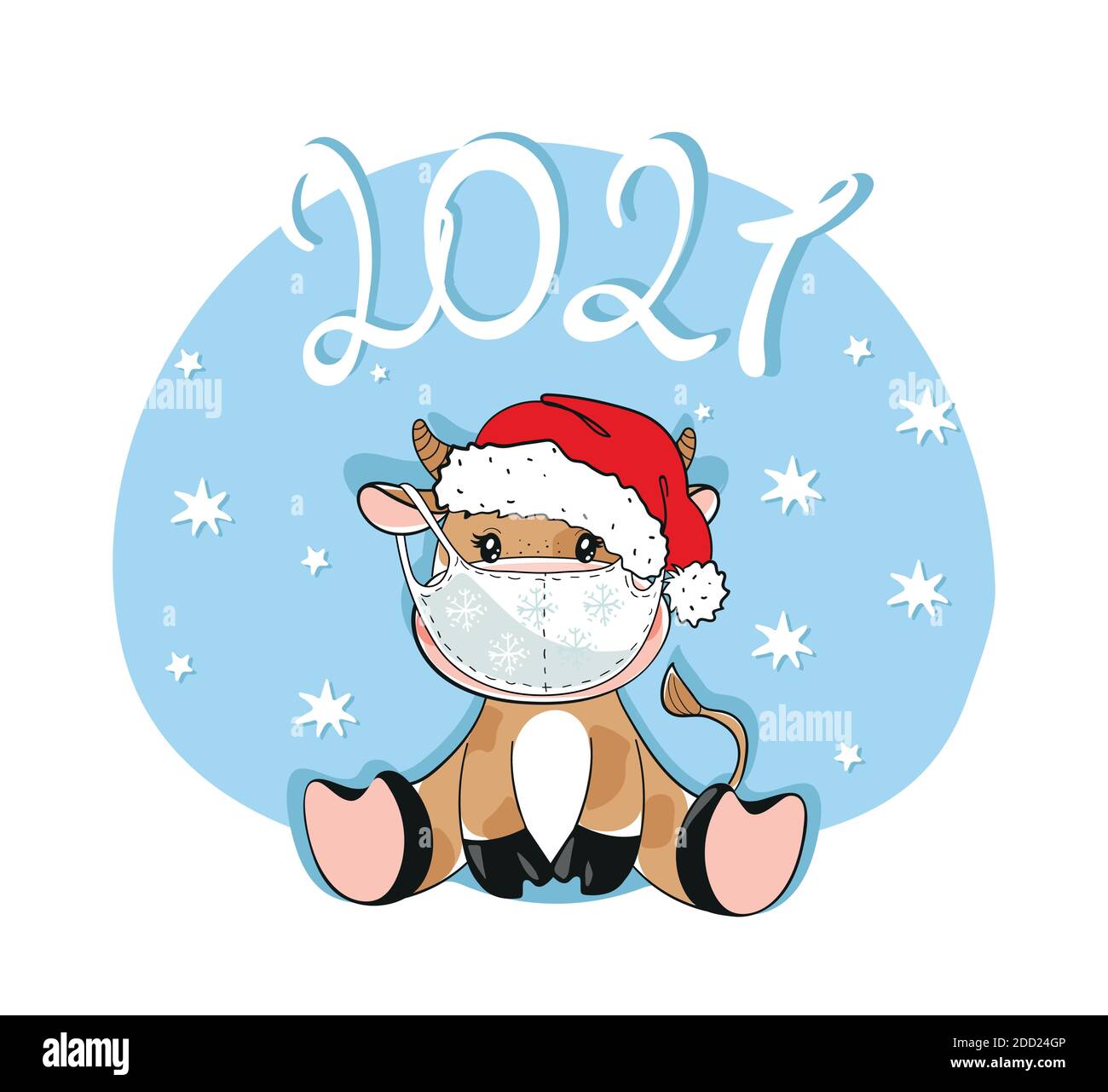 Nouvel an 2021, carte de voeux avec un taureau portant un masque médical, joyeux noël pendant la pandémie du coronavirus. Motif dessin animé plat. Bébé taureau isolé sur fond blanc Illustration de Vecteur