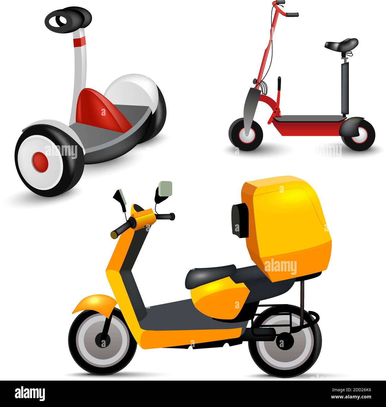Transport urbain réaliste pour les jeunes sur fond blanc. Vélo, gyroscooter et vélo. Transport urbain alternatif moderne. Adolescent écologique Illustration de Vecteur