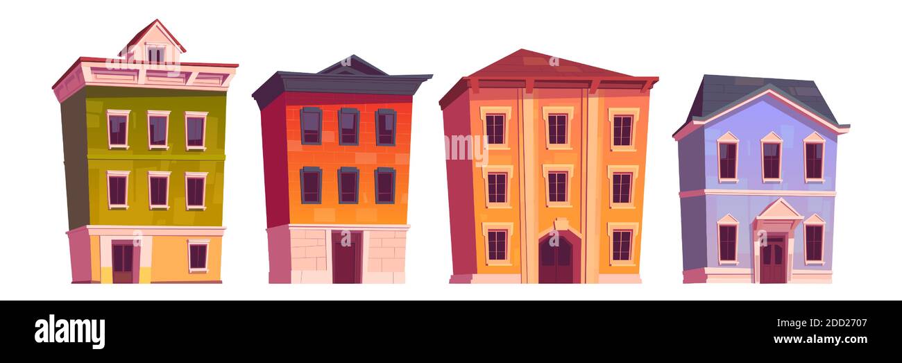 Maisons de ville, vieux bâtiments pour appartements, bureau ou magasin isolé sur fond blanc. Ensemble de dessins animés vectoriels de maisons résidentielles urbaines, façades de maisons immobilières de ville Illustration de Vecteur