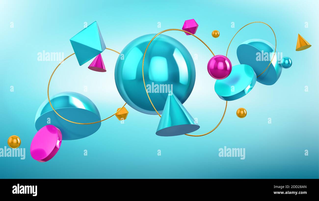 Arrière-plan holographique avec formes géométriques 3d, sphères et anneaux dorés. Motif vectoriel abstrait avec turquoise et bleu rend les figures, le cône, la boule, l'octaèdre et l'hémisphère sur fond bleu Illustration de Vecteur