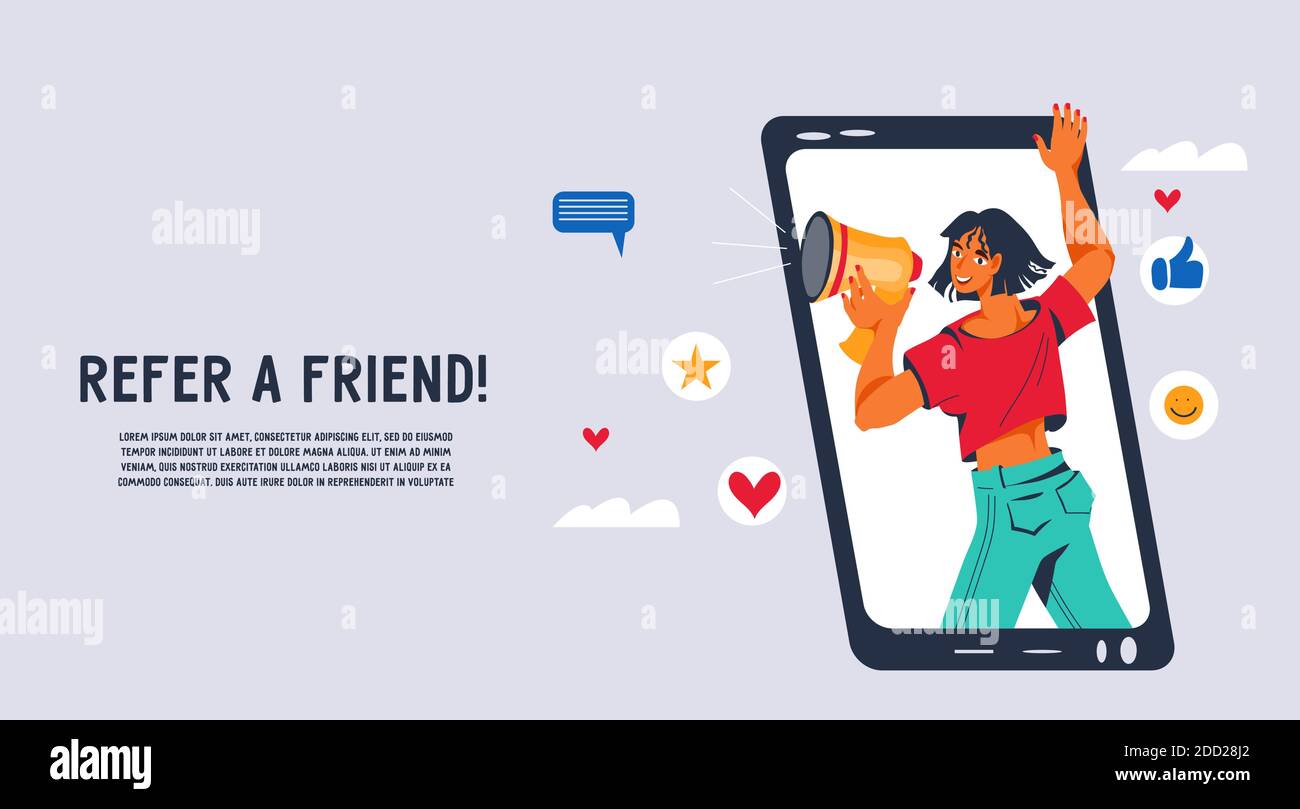 Recommander une bannière de site Web de promotion de marketing d'ami illustration vectorielle plate. Illustration de Vecteur