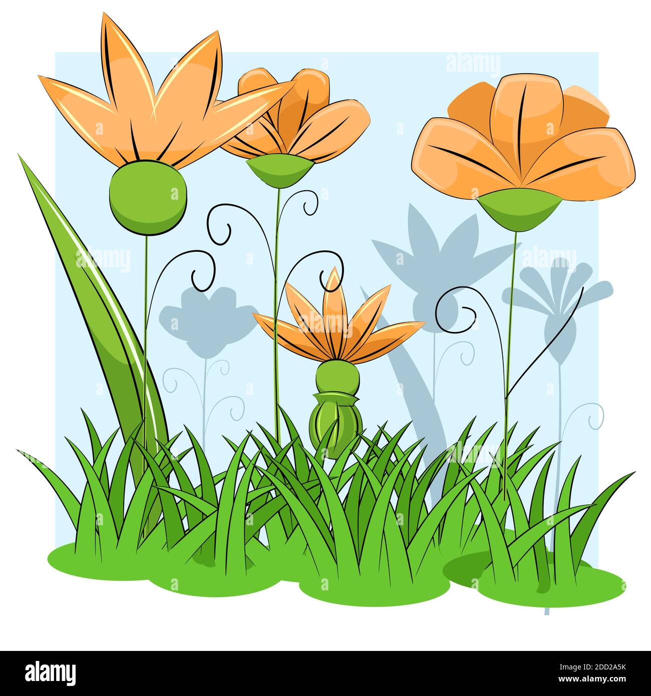 Prairie en fleurs avec herbe et fleurs. Ciel. Style de dessin animé. Isolé sur fond blanc. Une superbe illustration romantique. Vecteur Illustration de Vecteur