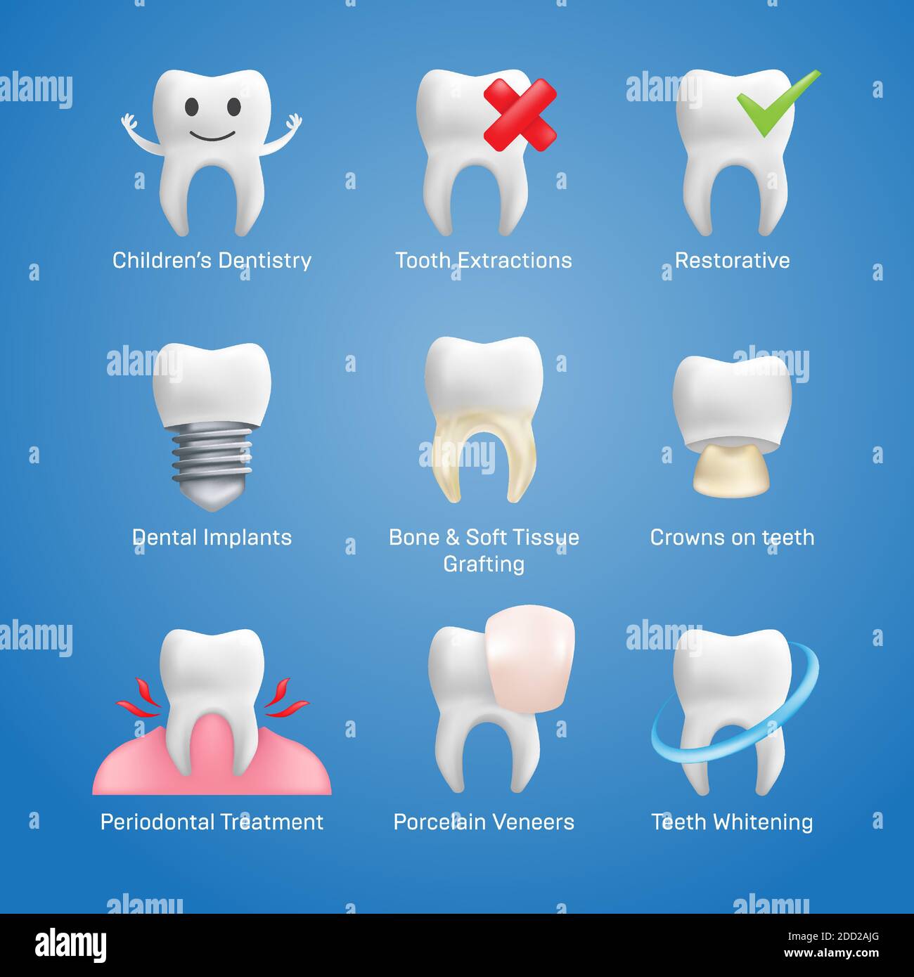 Icônes dentaires ensemble de vecteur avec différents éléments pour divers services de site Web - dentisterie, restauration, implants, facettes en porcelaine, traitement orthodontique Illustration de Vecteur