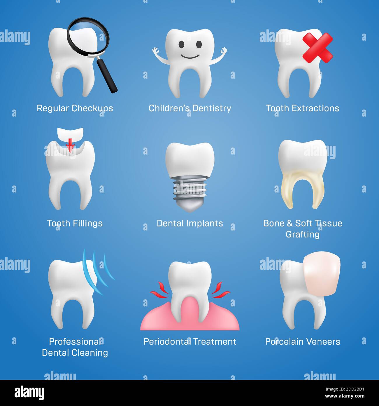 Icônes dentaires ensemble de vecteur avec différents éléments pour divers services de site Web - dentisterie, restauration, implants, facettes en porcelaine, traitement orthodontique Illustration de Vecteur