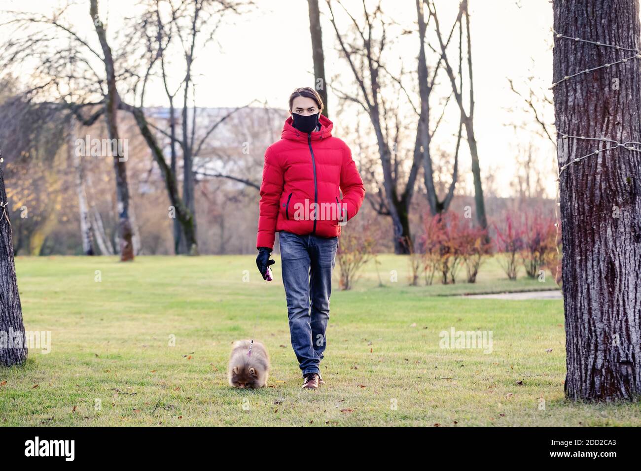 Un homme avec un masque prend son chien pour une promenade près de chez lui pendant le coronavirus. Il prend soin de son animal de compagnie. Petites promenades pendant le coronavirus. Mettre en quarantaine avec un Banque D'Images
