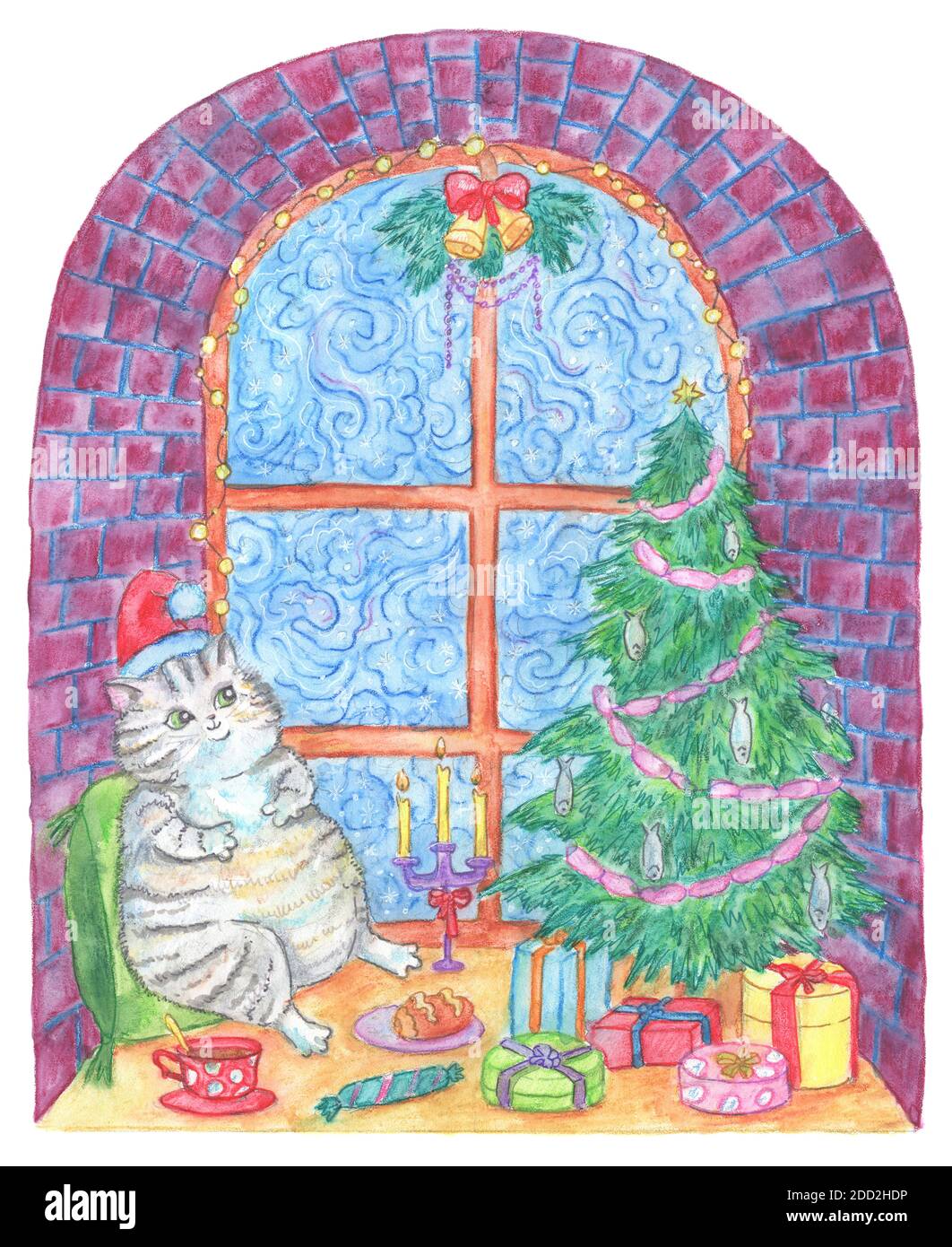 Carte De Vœux De Noel Et De Nouvel An Avec Chat Gras Drole Celebrant Les Vacances Sur Le Rebord De Fenetre Avec La Nourriture Savoureuse Par Conify A La Maison Vintage Wa