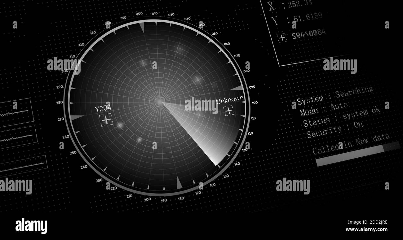 Avions ou navires ennemis détectés par balayage radar, surveillance de la vitesse et de l'emplacement de l'objet. Balayage de l'objet par radar. concept de résolution 4k. Banque D'Images