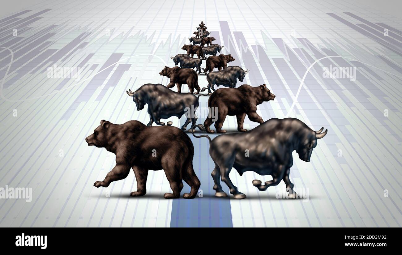 Investissement de vacances et saison d'hiver investisseur comme une métaphore de marché de la bourse financière avec un groupe de taureau et d'ours en forme d'arbre de noël. Banque D'Images