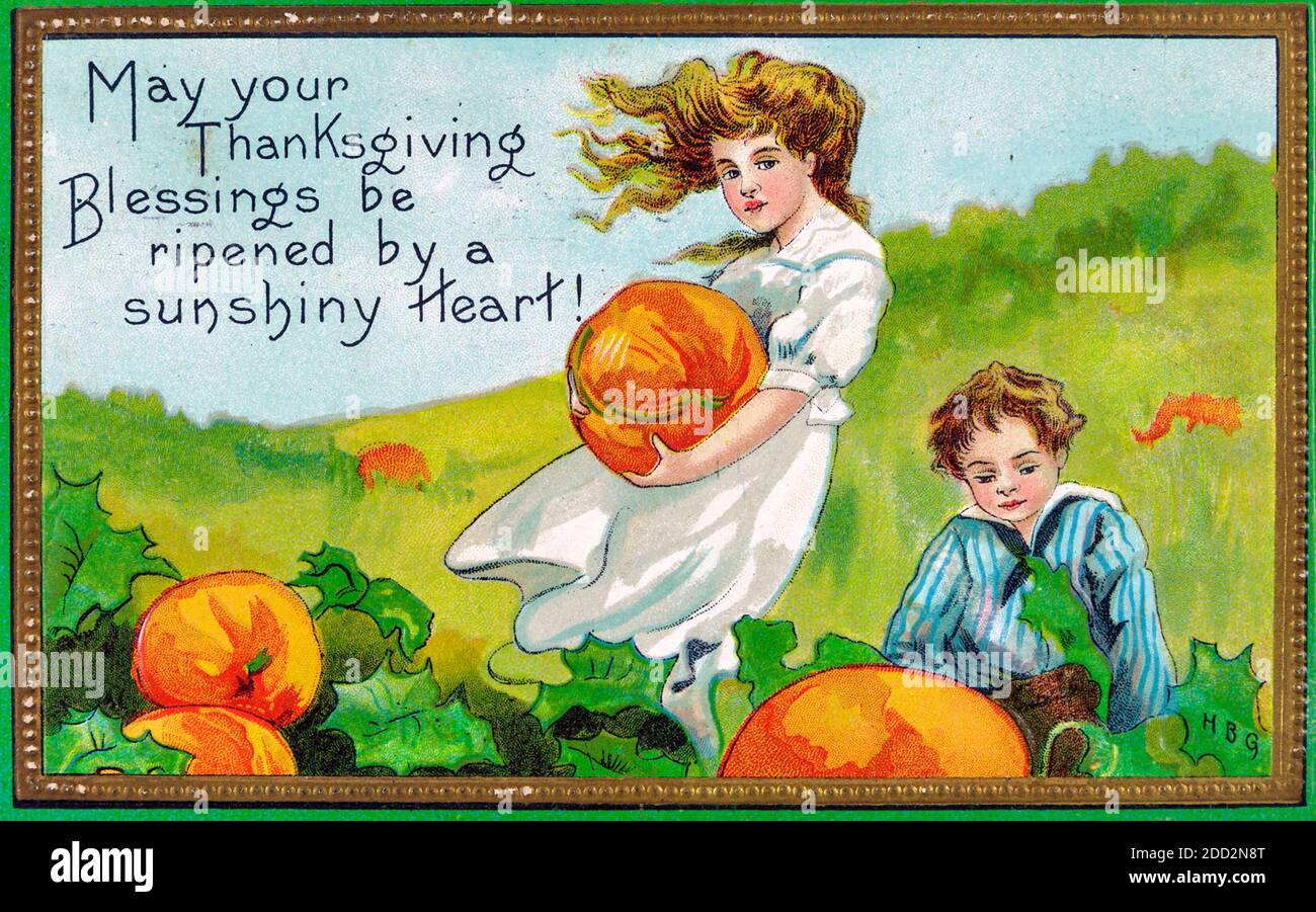 Que vos bénédictions de Thanksgiving soient affinées par un coeur ensoleillé - carte postale Vintage Thanksgiving Banque D'Images