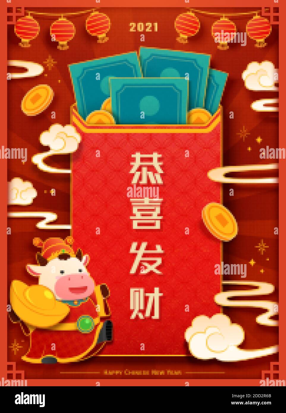 2021 année de l'affiche de salutation de boeuf conçu avec une grande enveloppe rouge remplie d'argent, et la richesse de Dieu à côté d'elle tenant un gros lingot, chinois Illustration de Vecteur