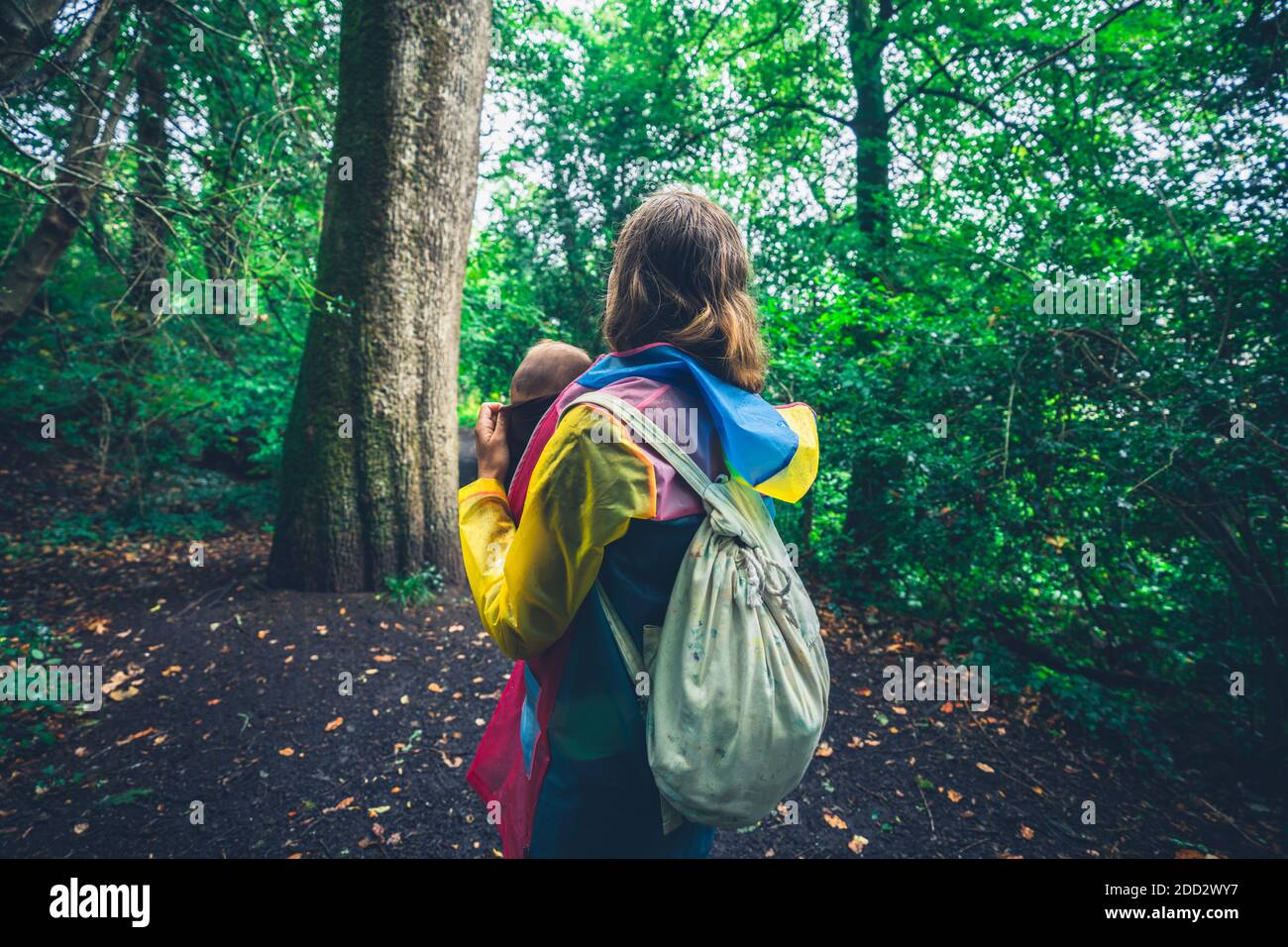 Une jeune mère marche dans la forêt avec elle bébé dans une élingue Banque D'Images