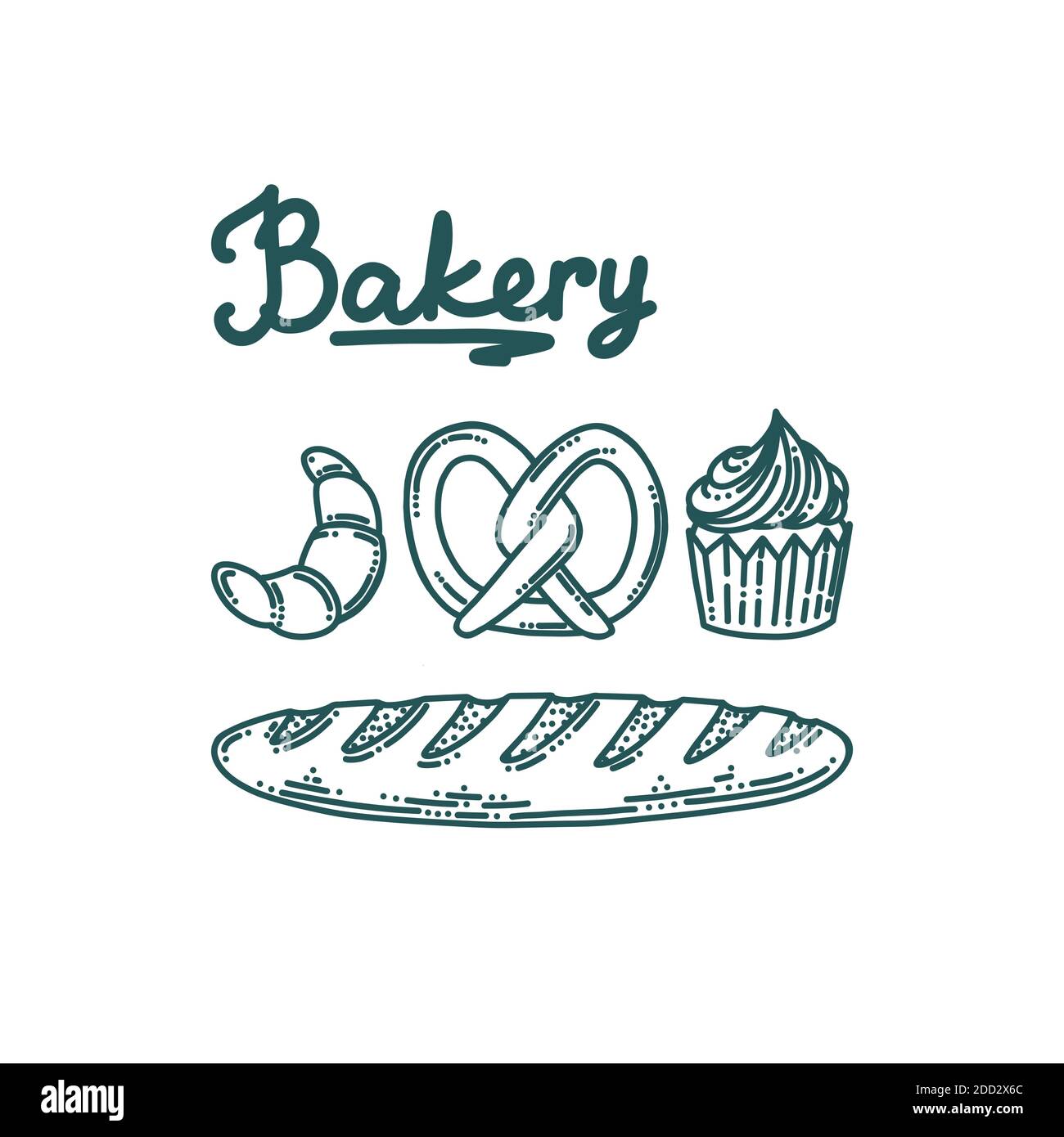 Set de croûtes de boulangerie avec pain de baguette, cupcake, bretzel et croissant. Ensemble de desserts de boulangerie. Illustration vectorielle Doodle Illustration de Vecteur
