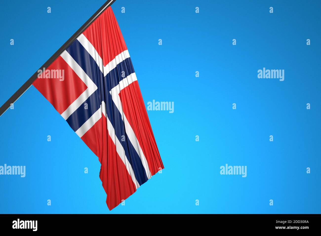 Illustration 3D du drapeau national de la Norvège sur un mât métallique qui flotte contre le symbole bleu ciel.pays. Banque D'Images