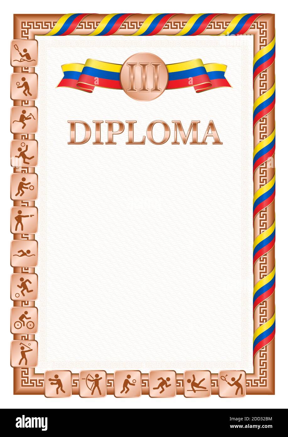 Diplôme vertical pour troisième place dans une compétition sportive, couleur bronze avec un ruban la couleur du drapeau de l'Équateur. Image vectorielle. Illustration de Vecteur