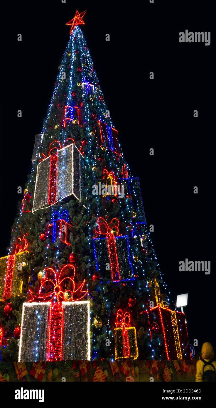 Arbre de Noël de la ville européenne la nuit Banque D'Images