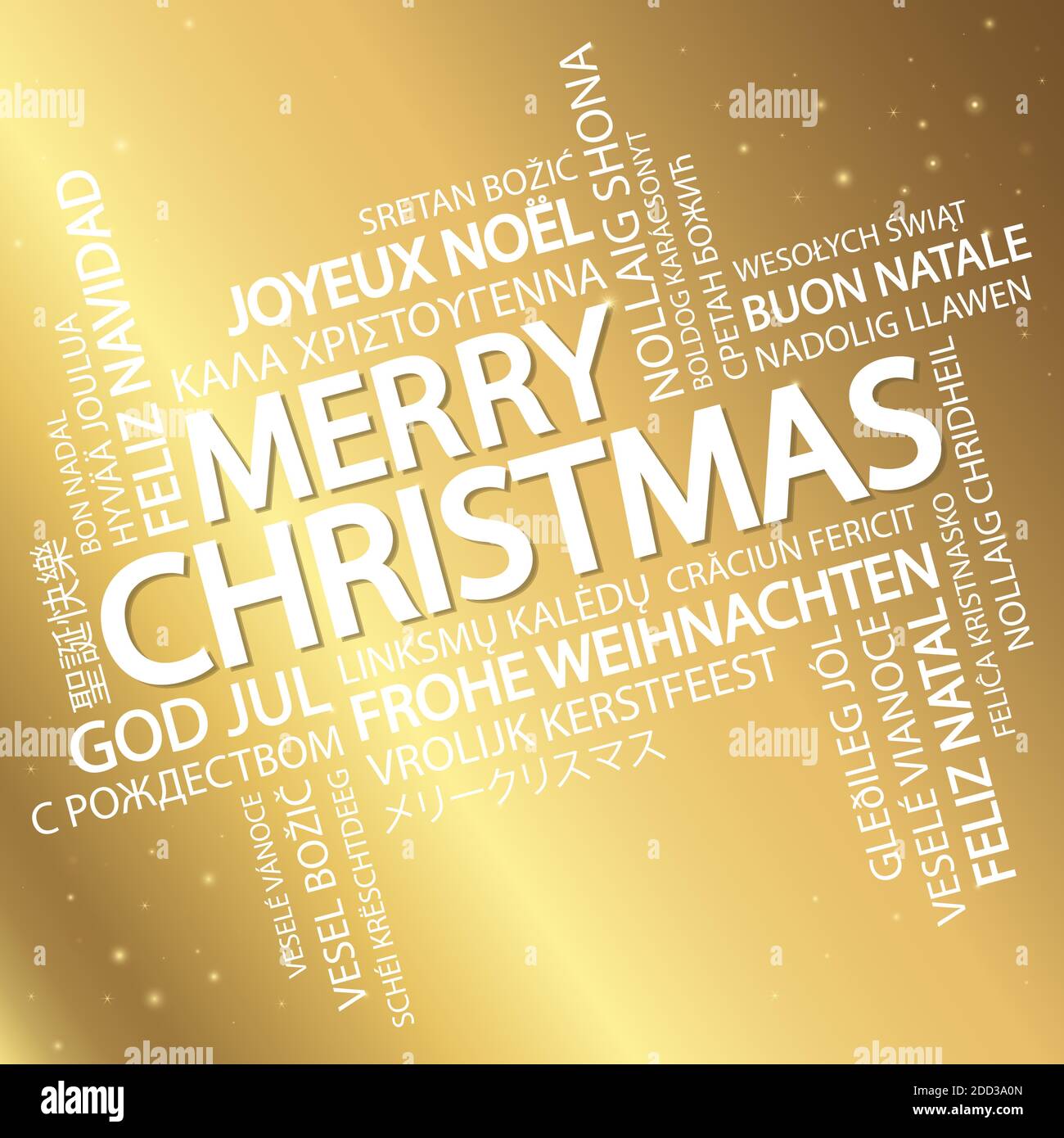 Nuage de mots avec texte Joyeux Noël dans différentes langues, au milieu un grand et gras écrit en anglais Illustration de Vecteur