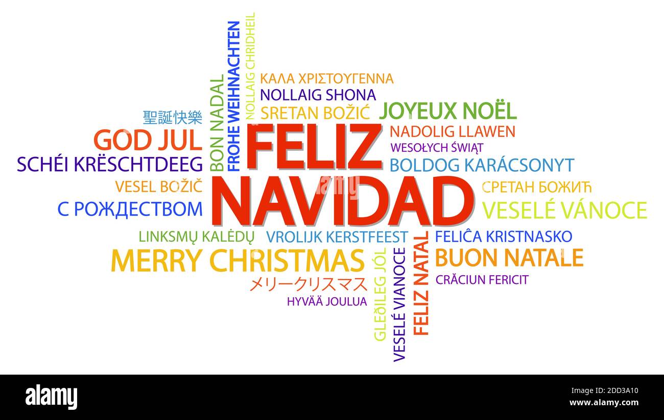 Nuage de mots avec texte Joyeux Noël en différentes langues, au milieu d'un immense et bold écrit en espagnol Illustration de Vecteur