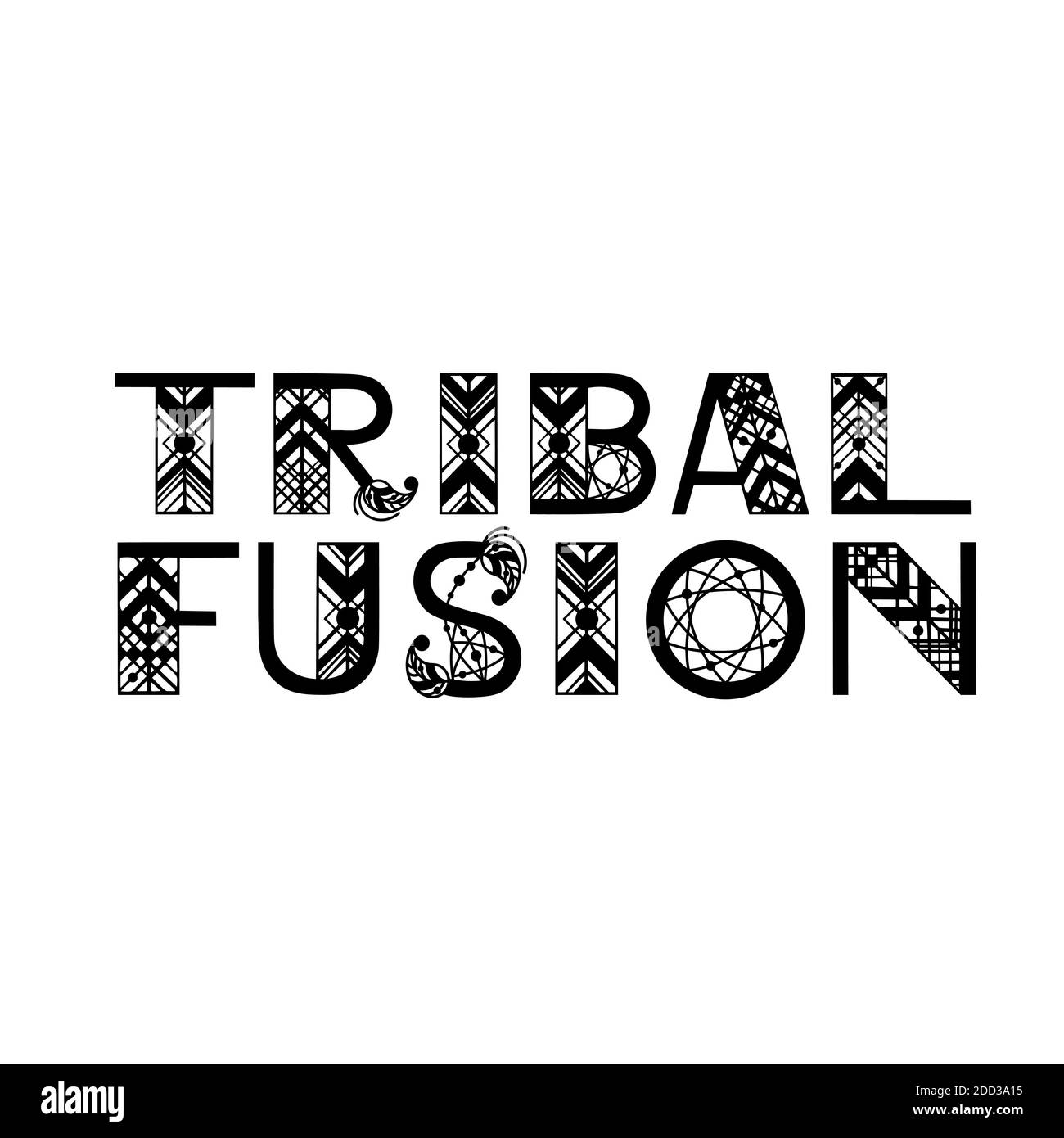 Nom de style de danse tribale écrit par des lettres ethniques. Design vectoriel dessiné à la main pour bannières, cartes, affiches, prospectus et invitations de fête Illustration de Vecteur