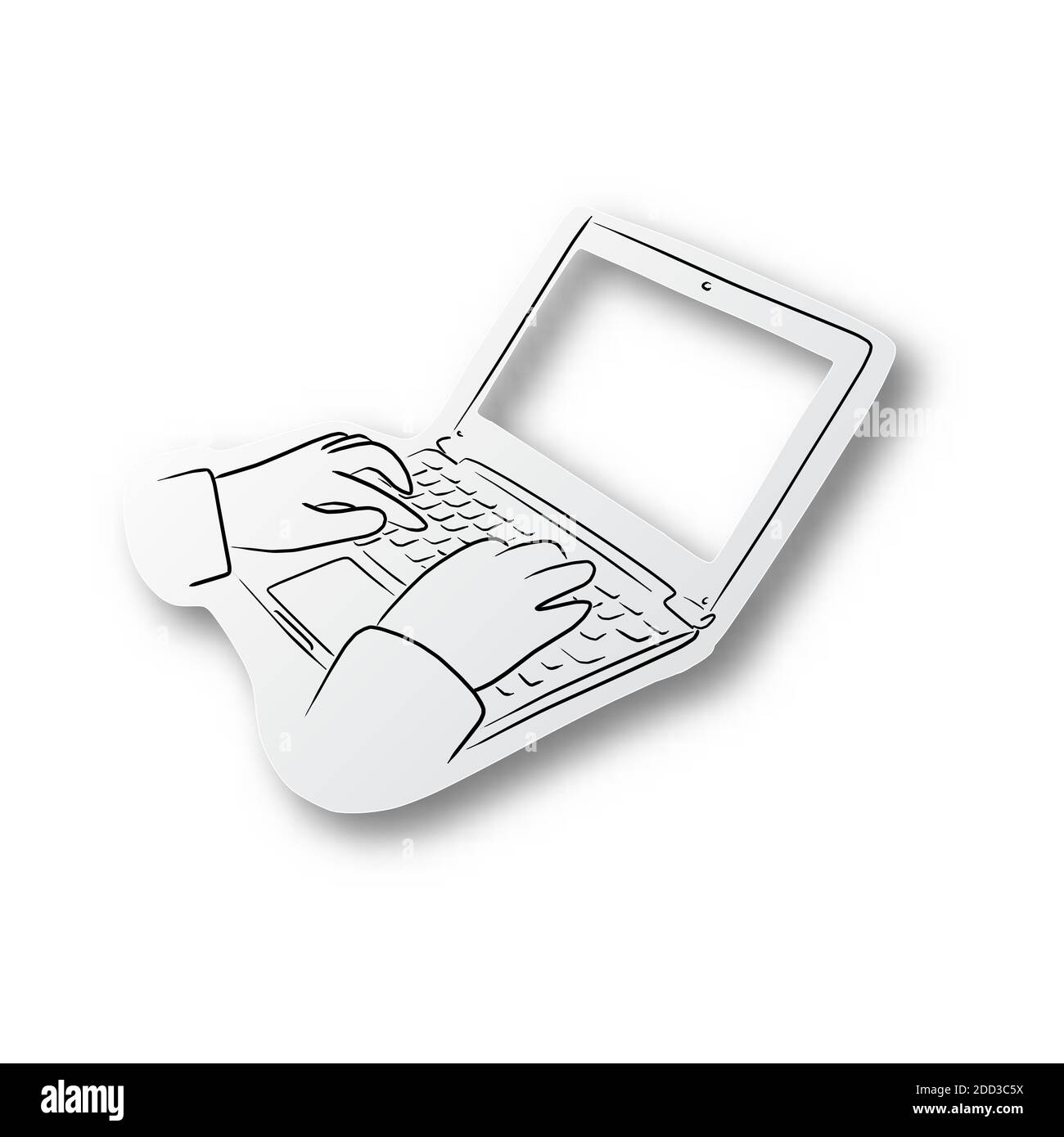 ligne noire tirée à la main à l'aide de l'ordinateur portable couper le papier avec l'ombre isolée sur fond blanc Illustration de Vecteur