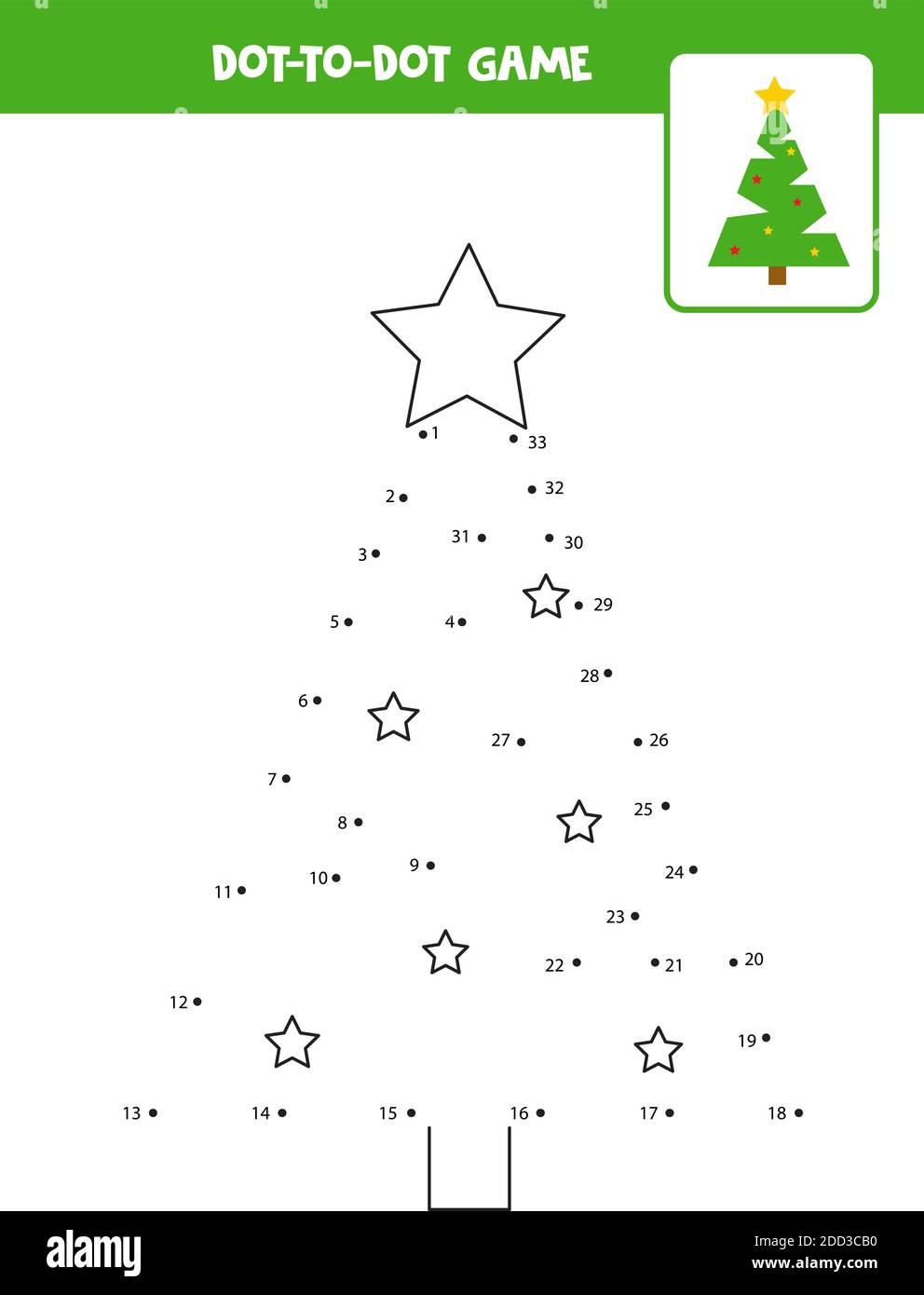 Jeu point à point avec arbre de Noël. Connectez les points. Jeu de mathématiques. Image couleur et point. Illustration de Vecteur