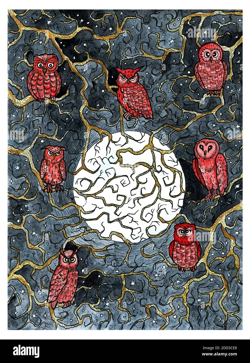 Hibou oiseaux assis sur les branches d'arbre contre pleine lune à la nuit étoilée. Illustration graphique colorée gravée. Fantaisie et dessin mystique. Gothique, prod Banque D'Images