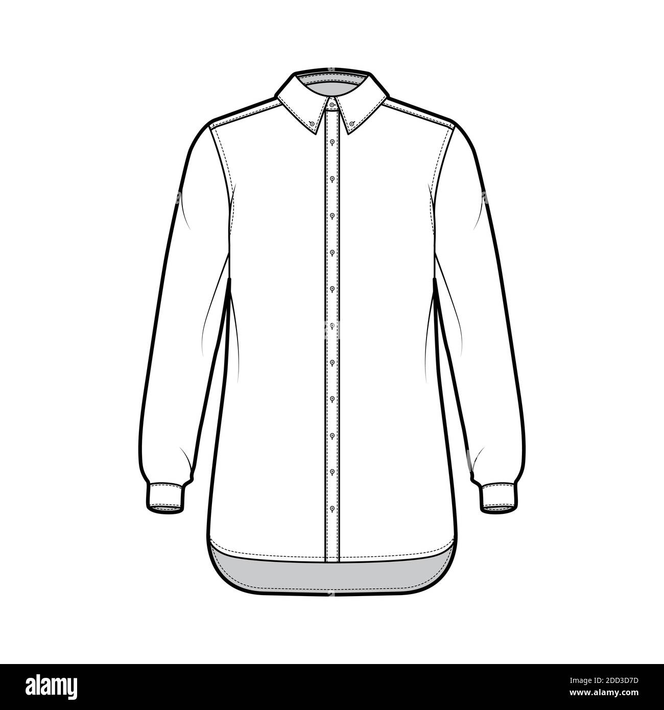 Chemise classique, illustration technique de la mode avec manches longues, coupe relax, fermeture à boutons sur le devant, col classique. Modèle de vêtement plat à l'avant, blanc, couleur. Femmes hommes unisexe top maquette CAD Illustration de Vecteur