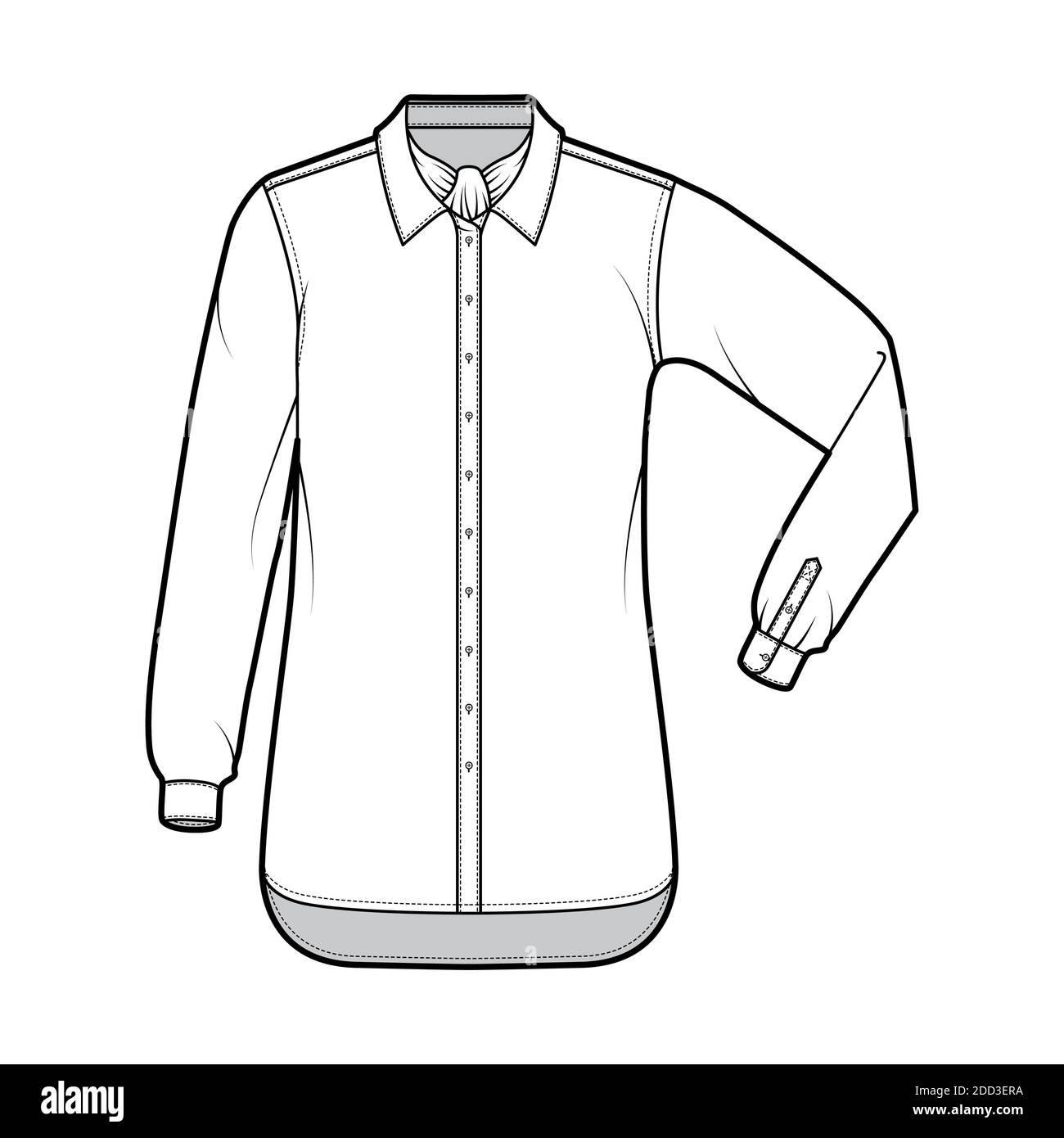 Chemise à rayures façon technique avec noeud papillon, coude à manches longues, col large boutonné. Avant modèle plat, couleur blanche. Femmes hommes unisexe top maquette CAD Illustration de Vecteur