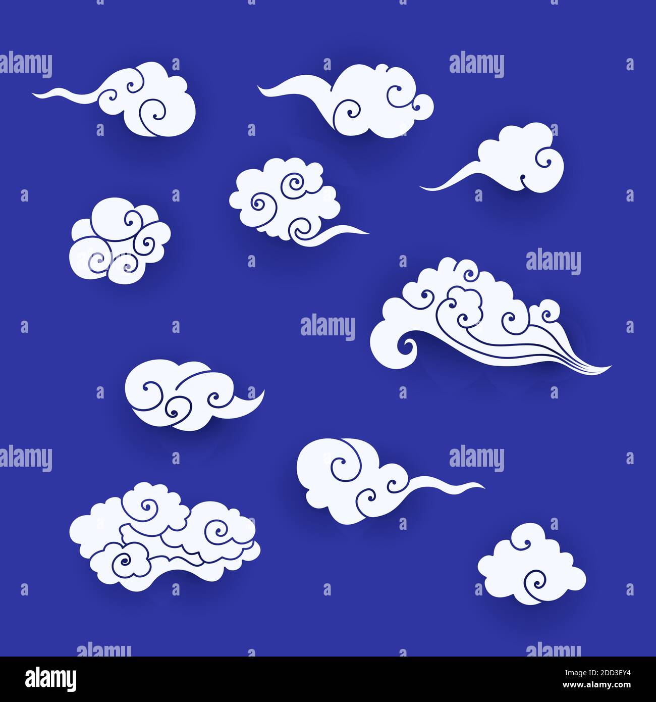 Collection de nuages blancs asiatiques. Ensemble de nuages de dessins animés coupés en papier dans le style chinois traditionnel. Illustration vectorielle des éléments de conception pour la marque Illustration de Vecteur