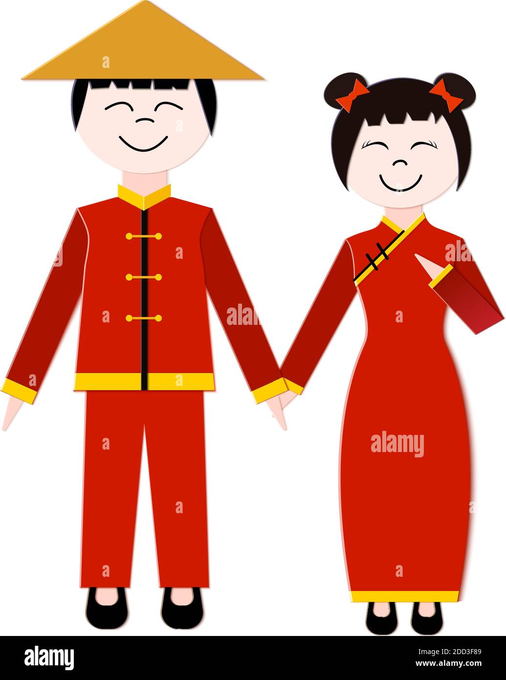 Un garçon et une fille chinois tiennent la main sur fond blanc. Une paire de costumes chinois traditionnels de couleur rouge. Eligony pour le design en papier pour le nouveau Illustration de Vecteur