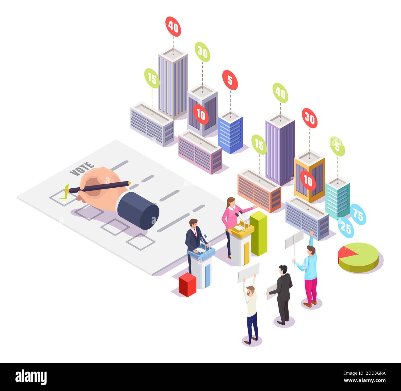 Campagne électorale, jour du scrutin, illustration isométrique vectorielle. Discours des candidats politiques, électeurs, statistiques de notation. Illustration de Vecteur