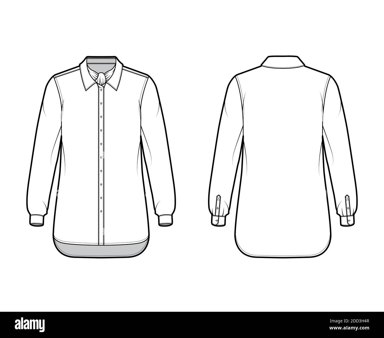Chemise à rayures façon technique avec noeud, manches longues avec poignets, col large boutonné. Avant et arrière du gabarit plat de couleur blanche. Femmes hommes unisexe top maquette CAD Illustration de Vecteur
