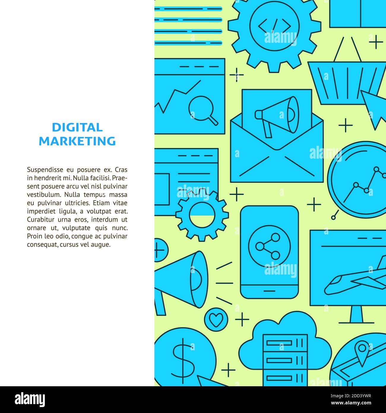 Bannière marketing numérique en ligne avec emplacement pour le texte. Affiche avec icônes d'optimisation du moteur de recherche. Illustration vectorielle. Illustration de Vecteur