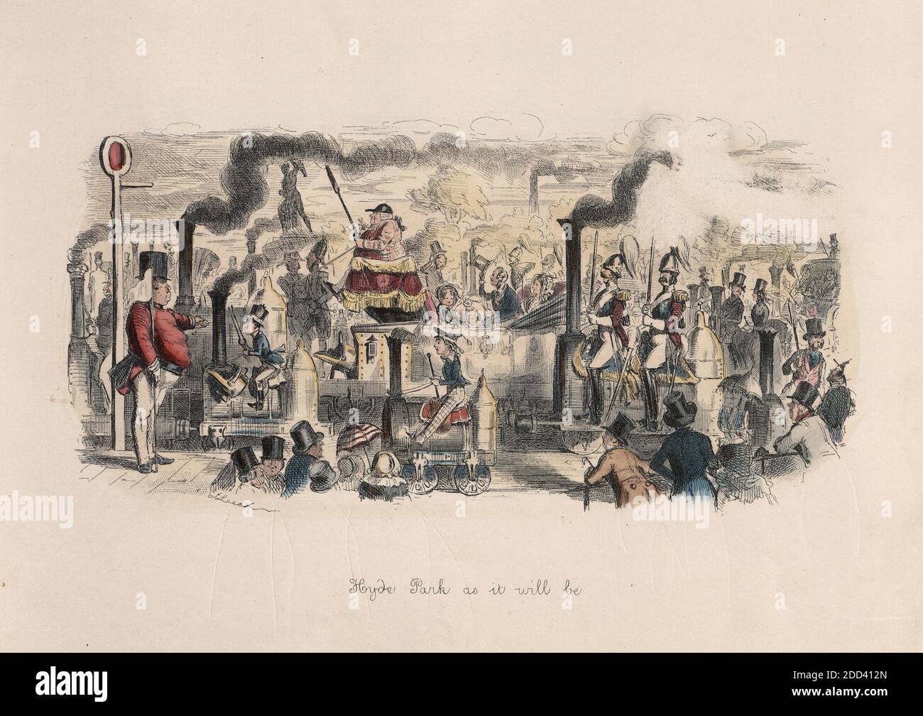 Gravure vintage de Hyde Park tel qu'il sera, 1846, par John Leech (caricaturiste) caricatures de Victorians. Image futuriste des personnes qui font des moteurs à vapeur personnels au lieu de chevaux dans Hyde Park. Banque D'Images