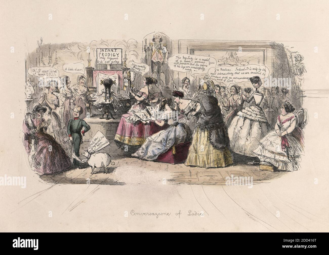 Gravure vintage de conversations de dames, 1848, par John Leech (caricaturiste) caricatures de Victorians. Cartoob satirique de dames dans un salon de la mode, les enfants, les chiens et les hommes Banque D'Images
