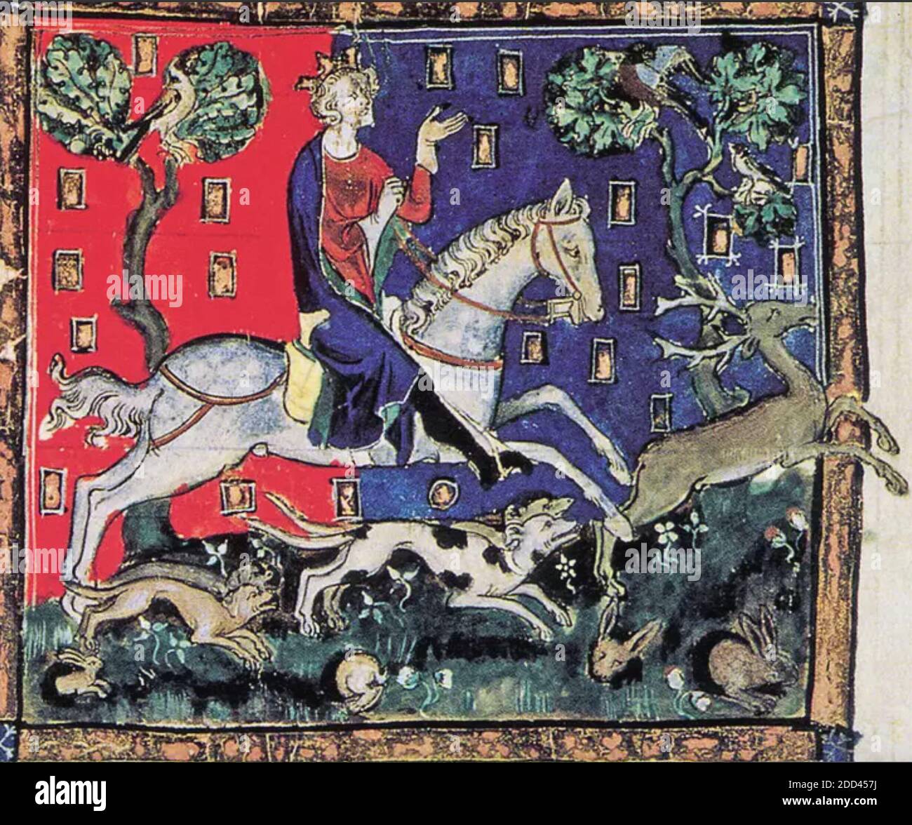 ROI JEAN D'ANGLETERRE (1166-1216) chasse du manuscrit illuminé de Regne Johanne produit entre 1300 et 1400. Original à la British Library. Banque D'Images