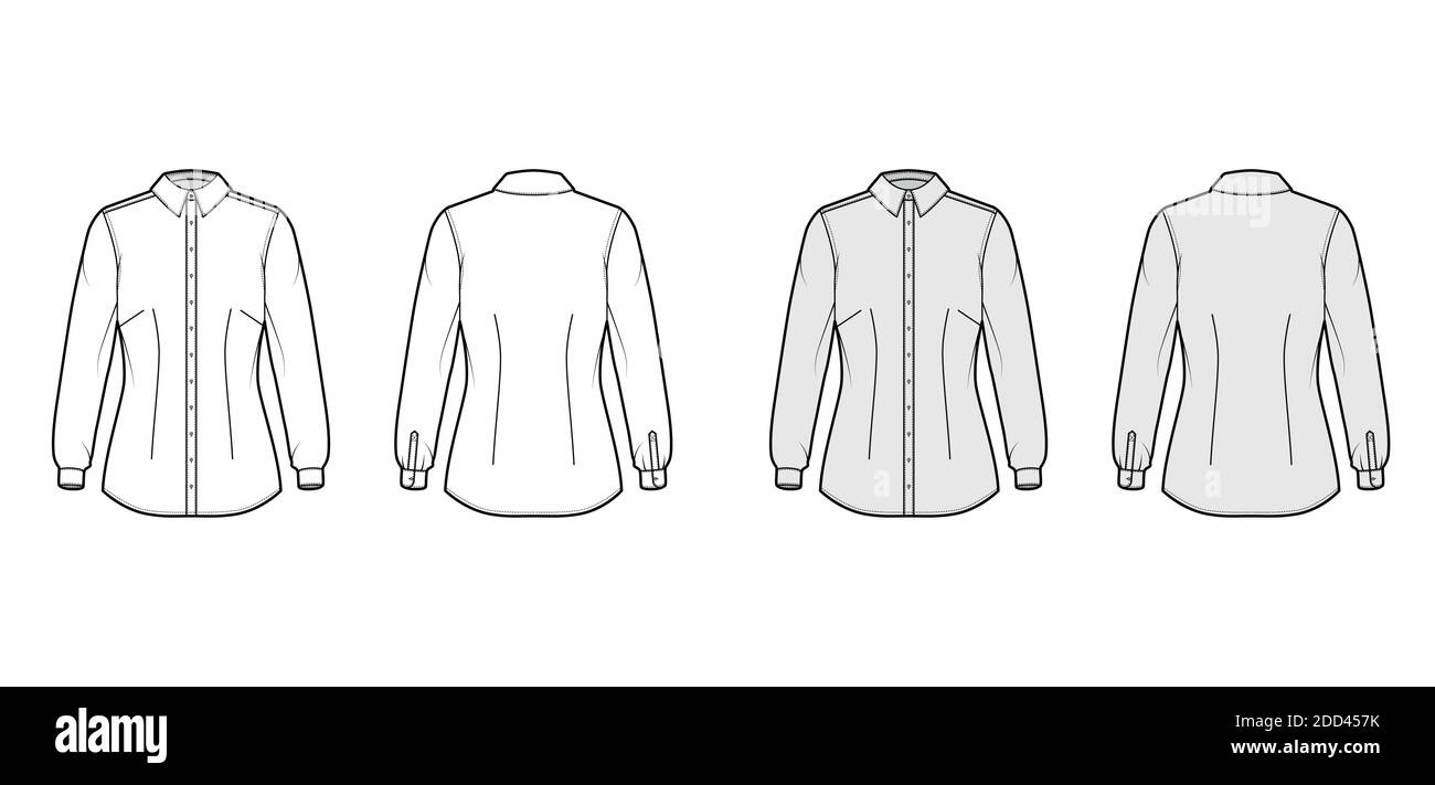 Chemise à manches longues avec poignets, coupe cintrée, fléchettes, bouton vers le bas. Modèle plat avant, arrière, gris blanc, couleur. Femmes hommes unisexe top maquette CAD Illustration de Vecteur