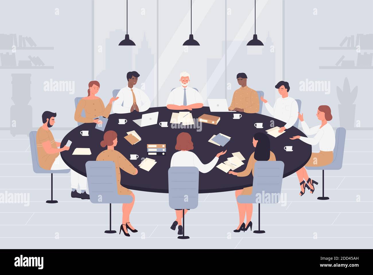 Illustration du vecteur de table de négociation. Des hommes politiques, des directeurs ou des chefs d'entreprise de dessins animés les gens négocient, assis à la table circulaire dans la salle de conférence, la salle de réunion ou l'arrière-plan de la salle de réunion Illustration de Vecteur