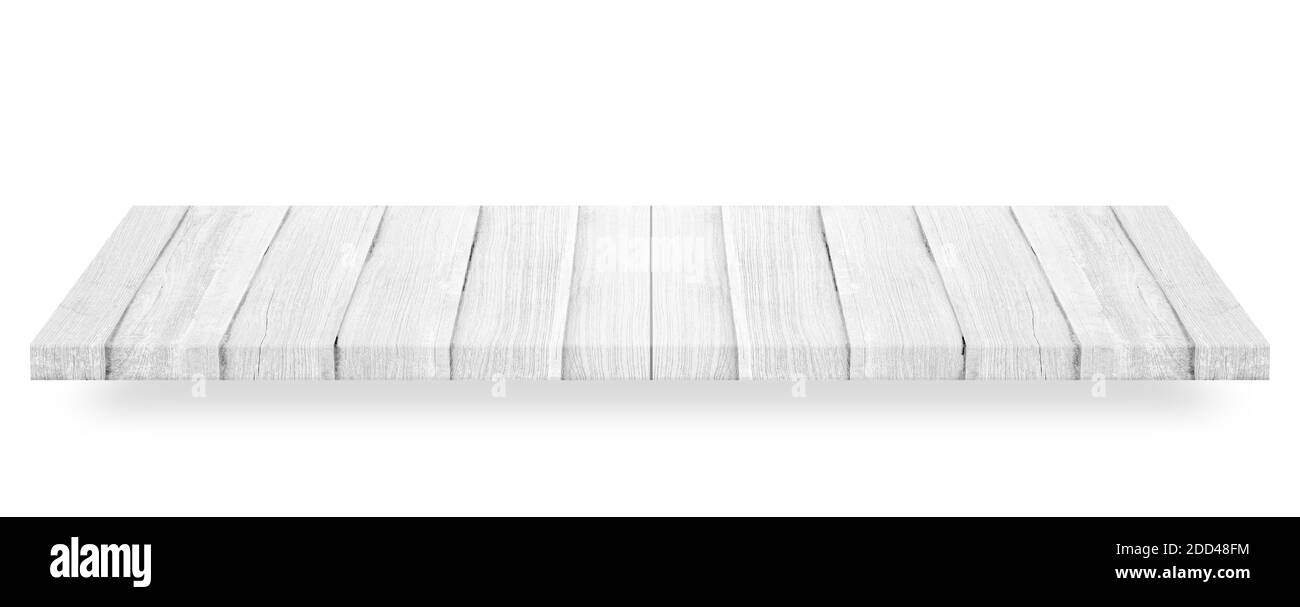 Plateau en bois blanc ou étagère en bois isolée sur fond blanc. Objet avec masque. Banque D'Images