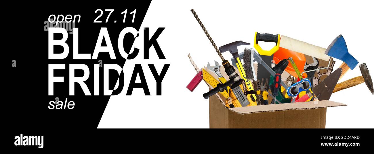 Vendredi noir dans l'atelier d'outillage. Nombreux péages sur fond noir et blanc texte noir vendredi Banque D'Images