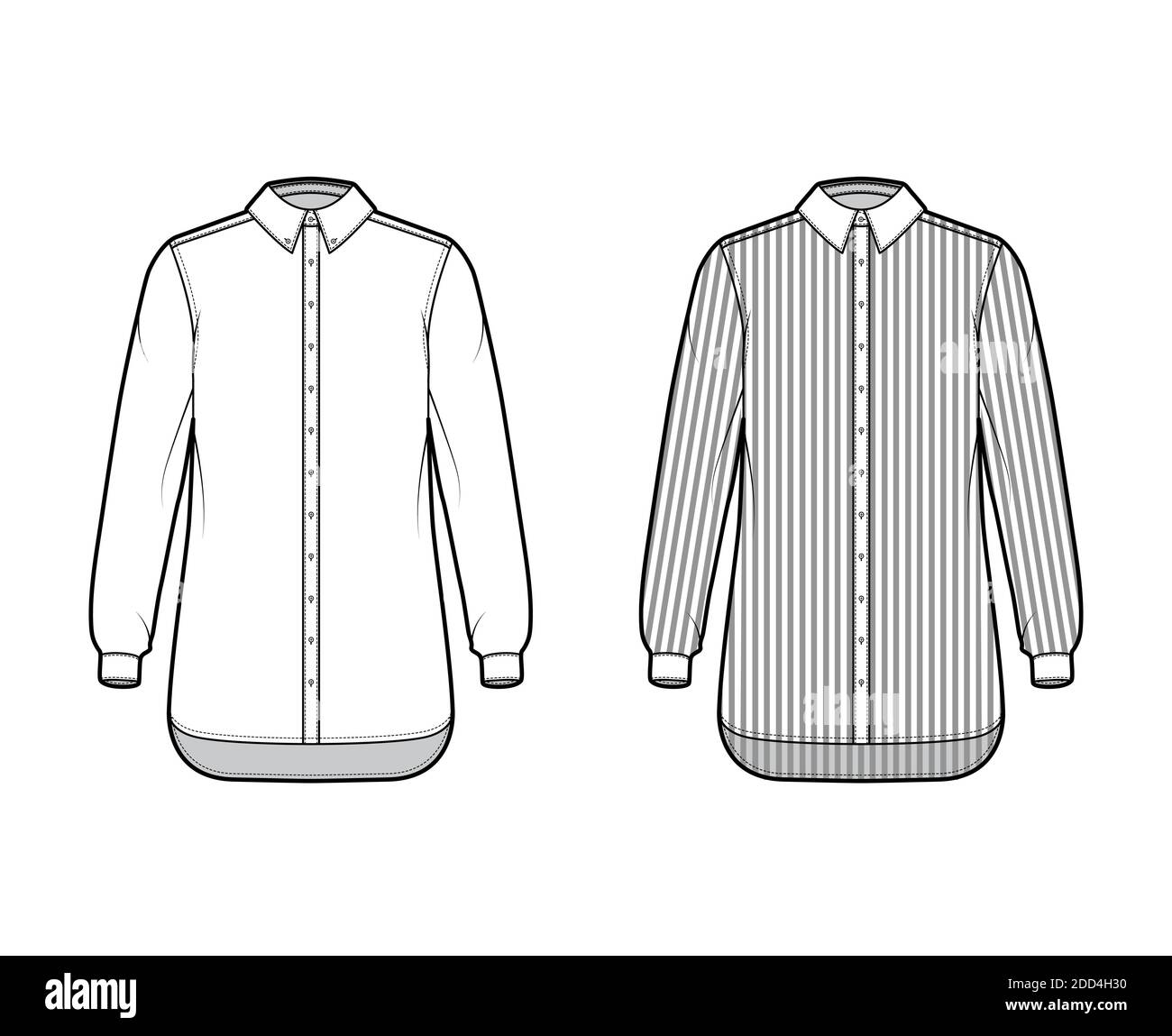 Ensemble de chemises à rayures classiques et en tissu sergé, avec manches longues, coupe confortable, col classique boutonné. Avant du gabarit plat, blanc, couleur. Femmes hommes top maquette CAD Illustration de Vecteur