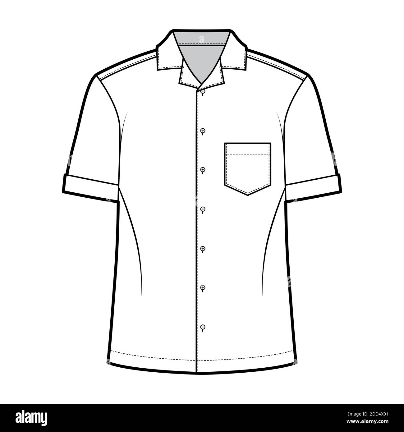 Maillot camp illustration technique de la mode avec manches courtes, poche cousue inclinée, coupe relax, bouton vers le bas, col ouvert. Avant modèle plat, couleur blanche. Femmes hommes unisexe top maquette CAD Illustration de Vecteur