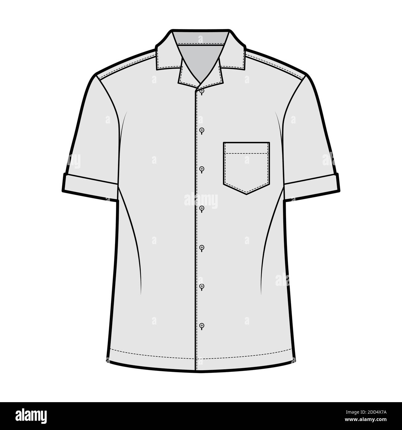 Maillot camp illustration technique de la mode avec manches courtes, poche cousue inclinée, coupe relax, bouton vers le bas, col ouvert. Avant modèle plat, couleur grise. Femmes hommes unisexe top maquette CAD Illustration de Vecteur