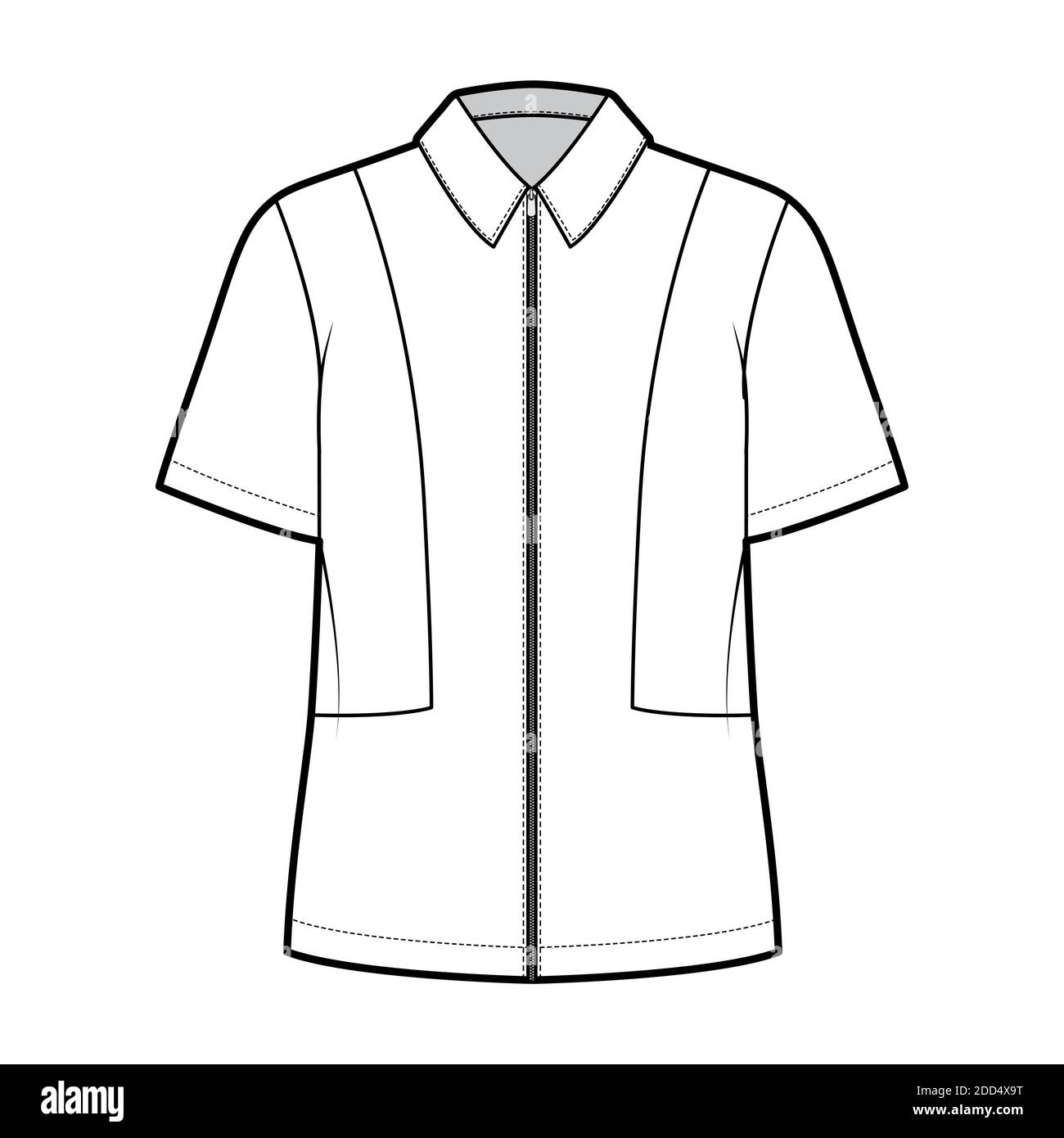 Chemise à fermeture éclair complète, illustration technique de la mode avec manches courtes, coupe confortable, tee-shirts, col plat. Avant du modèle, blanc. Femmes hommes unisexe top maquette CAD Illustration de Vecteur