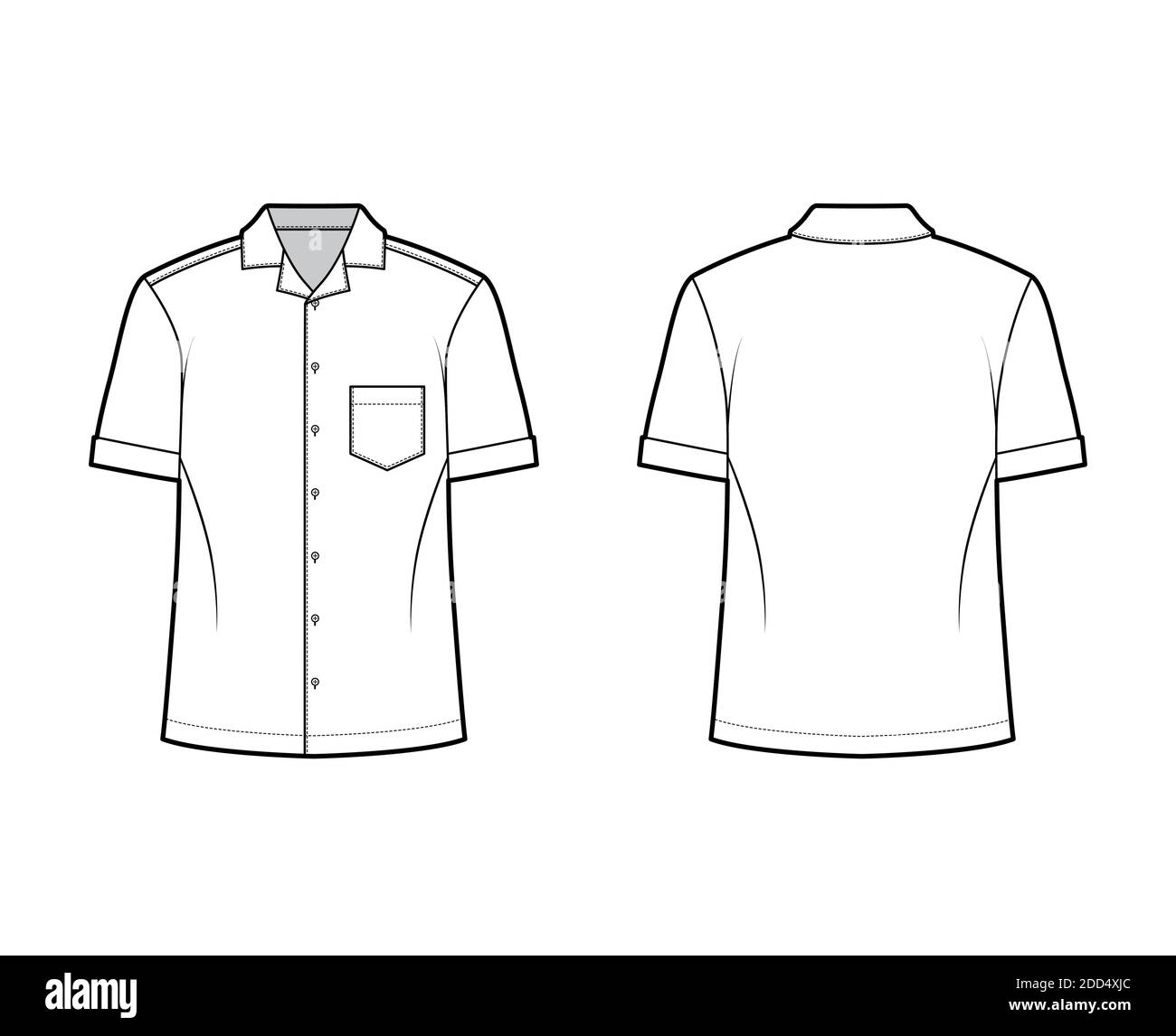 Maillot camp illustration technique de la mode avec manches courtes, poche cousue inclinée, coupe relax, bouton vers le bas, col ouvert. Avant et arrière du gabarit plat de couleur blanche. Femmes hommes unisexe top maquette CAD Illustration de Vecteur