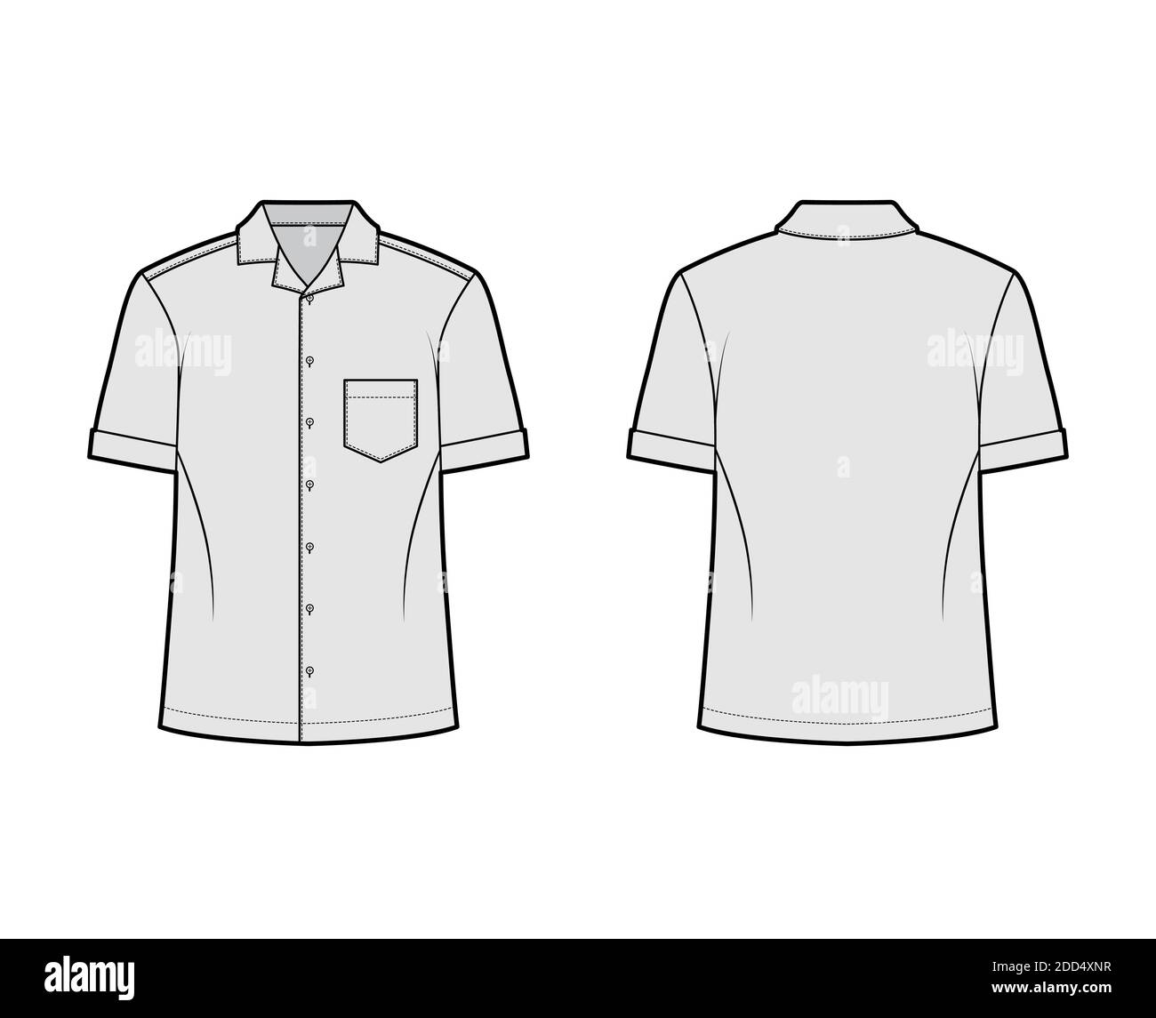 Maillot camp illustration technique de la mode avec manches courtes, poche cousue inclinée, coupe relax, bouton vers le bas, col ouvert. Modèle plat à l'avant et à l'arrière de couleur grise. Femmes hommes unisexe top maquette CAD Illustration de Vecteur