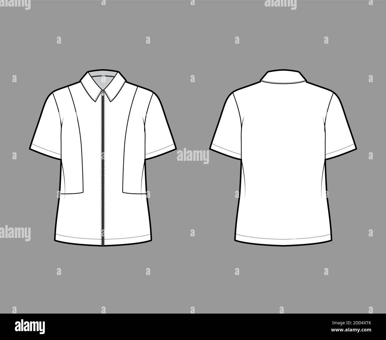 Chemise à fermeture éclair complète, illustration technique de la mode avec manches courtes, coupe confortable, tee-shirts, col plat. Avant et arrière du modèle de couleur blanche. Femmes hommes unisexe top maquette CAD Illustration de Vecteur