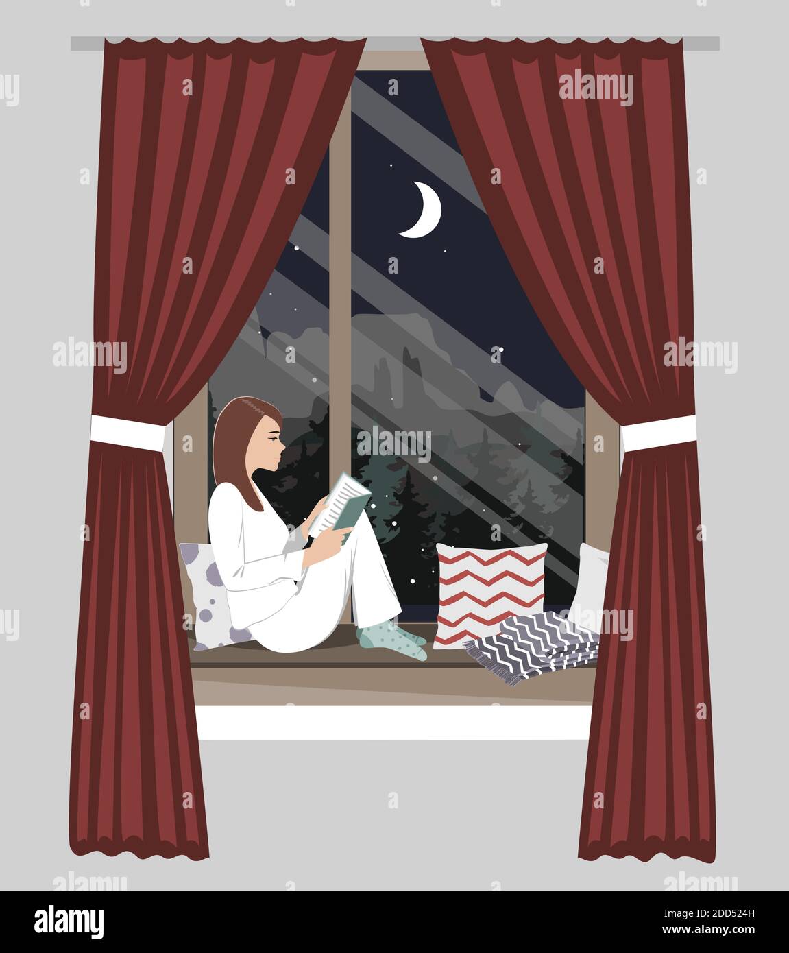 Femme assise près de la fenêtre de nuit et livre de lecture. Illustration vectorielle. Paysage hivernal neigant à l'extérieur Illustration de Vecteur