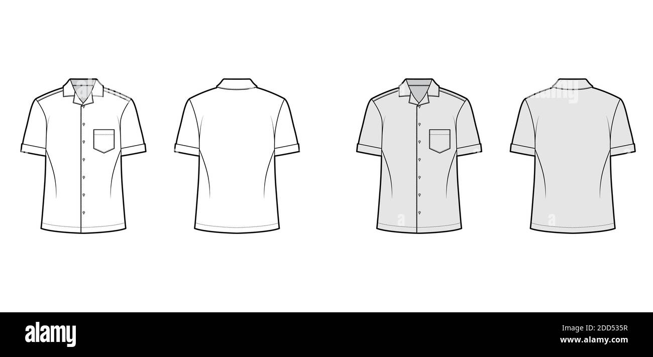 Maillot camp illustration technique de la mode avec manches courtes, poche cousue inclinée, coupe relax, bouton vers le bas, col ouvert. Avant et arrière du gabarit plat, blanc, gris. Femmes hommes unisexe top maquette CAD Illustration de Vecteur